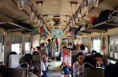 Interior design of local train for thai people and foreign travelers passenger inside use service railway journey destination work travel in phra nakhon si ayutthaya on May 1, 2014 in Bangkok Thailand
