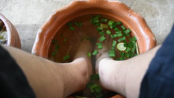 Thai Men People Sit Relax Foot Bath Basin Herb Herbal — Stock Video
