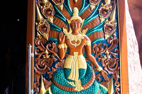 Ancient Carving Deity Naka Naga Angel Frescoes Painting Wooden Door — Stock Photo, Image