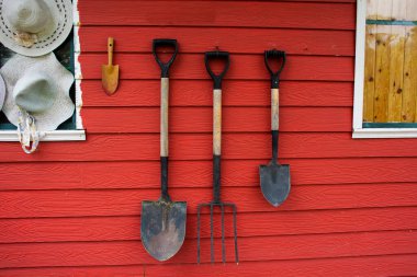 Çiftçiler için ahır çiftliğinin kırmızı ahşap duvarında bahçe aletleri ve ekipman yetiştiriciliği Tayland 'ın Nonthaburi kentindeki kırsal kırsalda yetiştirilen bahçıvanlığı kullanıyor.