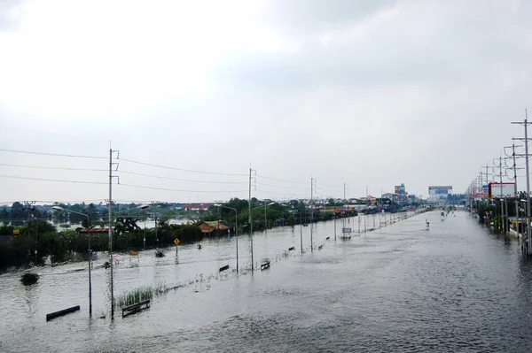 View Landscape Cityscape Bang Bua Thong City While Water Flood — Stock Photo, Image