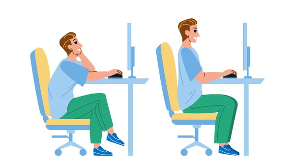 Na postura ergonômica Sente-se Homem no computador Vector — Vetor de Stock
