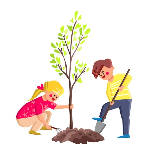 함께 나무를 심는 소년 과 소녀 — 스톡 벡터