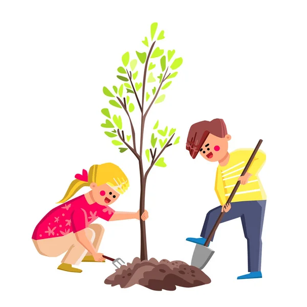 Boy And Girl Kids Planting Tree Together Vector — Stock Vector