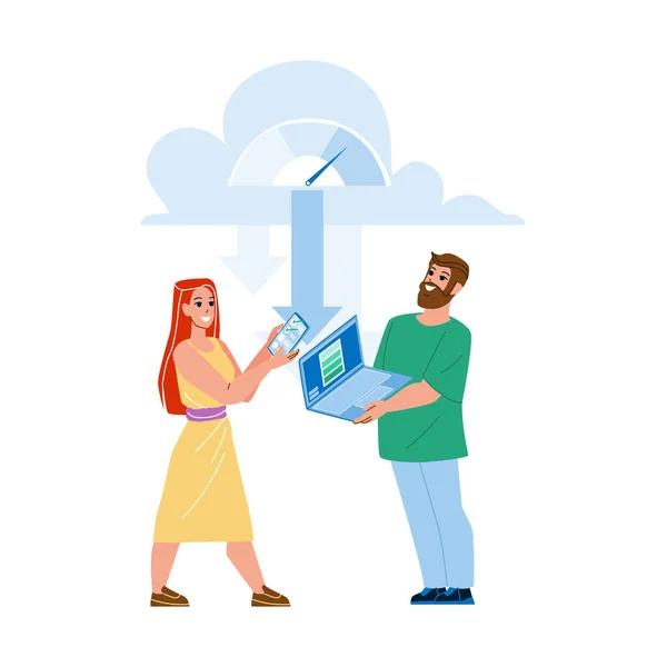 Hombre y chica de descarga desde el vector de almacenamiento en la nube — Vector de stock