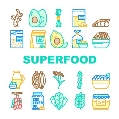 Superfood Doğal ve Vitamin Simgeleri Vektörü Ayarladı