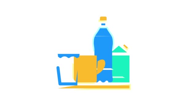 Wasser und Milch, Tee und Saftgetränke auf Tablett Farb-Icon-Animation — Stockvideo