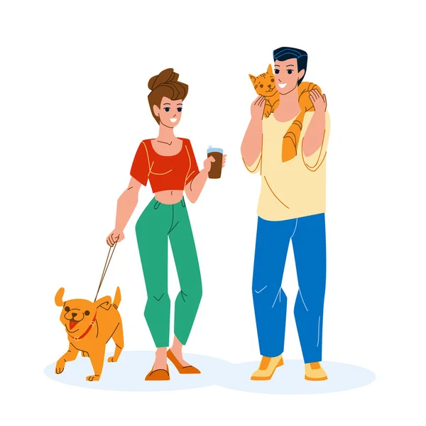 In Park Pet Walking Man And Woman Together Vector — Stock Vector