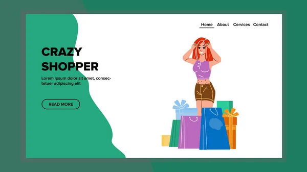 Crazy Shopper Mujer Comprando Ropa Vector — Vector de stock