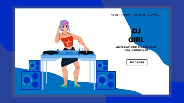 Dj Girl Mixing Music On Disco Turntable Vector — 스톡 벡터