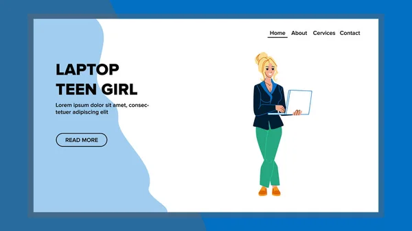 Laptop adolescente chica usando para el trabajo en vector de Internet — Archivo Imágenes Vectoriales