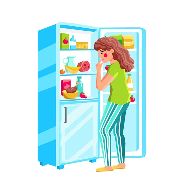 Hongerige vrouw op zoek naar voedsel in de koelkast Vector — Stockvector