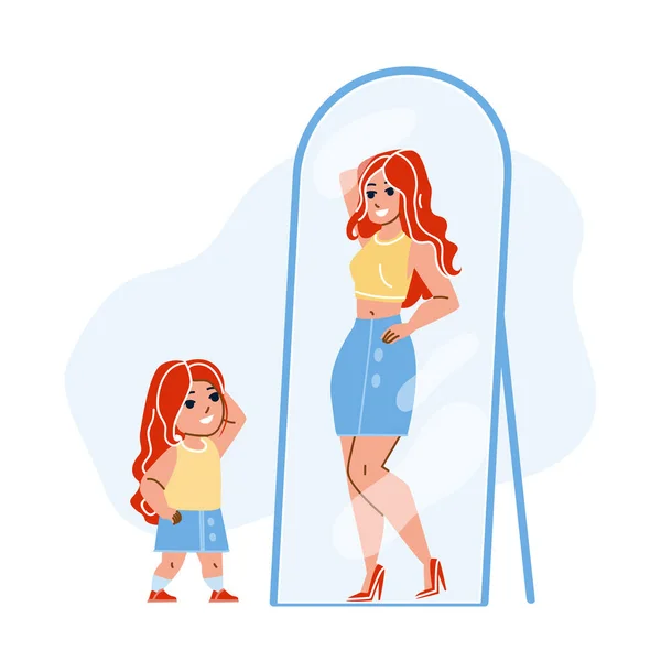 Kid Girl Sonhando Ser Adulto Mulher no espelho Vector — Vetor de Stock
