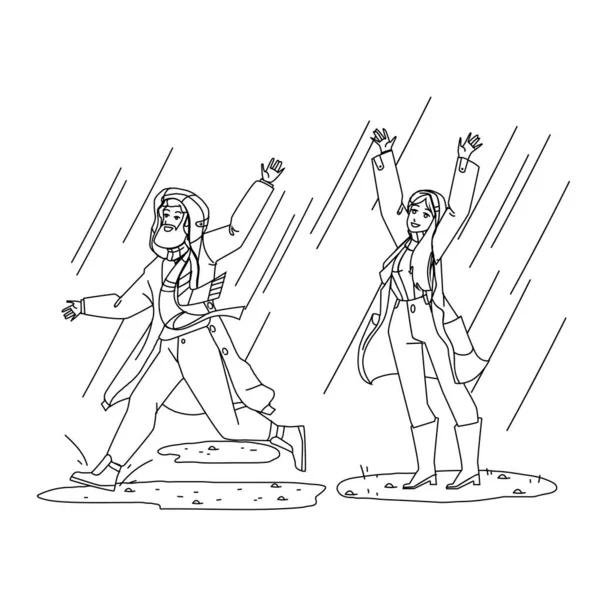 Αδιάβροχο παλτό με άνδρα και γυναίκα σε βροχερή μέρα διάνυσμα — Διανυσματικό Αρχείο
