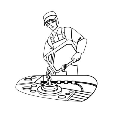 Araba tamircisi, kalem çizim vektörü. Motor servisi, otomotiv motoru, otomobil garajı tamirci yağ karakteri. insanlar Çizimi