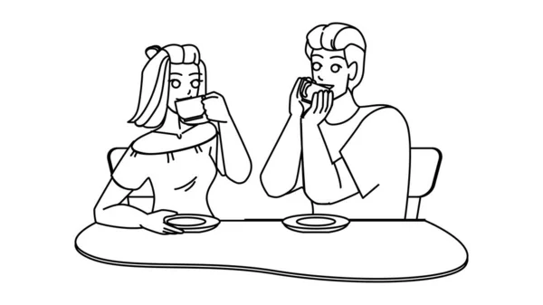 コーヒー ライン ペンシル ドローイング ベクトル 男は飲み女は幸せ若い家や家族の生活を愛し朝食を共にするカップルはコーヒーのキャラクターを飲む 人々のイラスト — ストックベクタ
