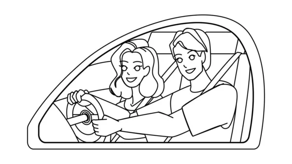 いくつかの運転ライン鉛筆画ベクトル 車の夏 道路旅行 幸せな休暇 旅行の女性の男 若い旅の車のカップルの文字を駆動します 人々のイラスト — ストックベクタ