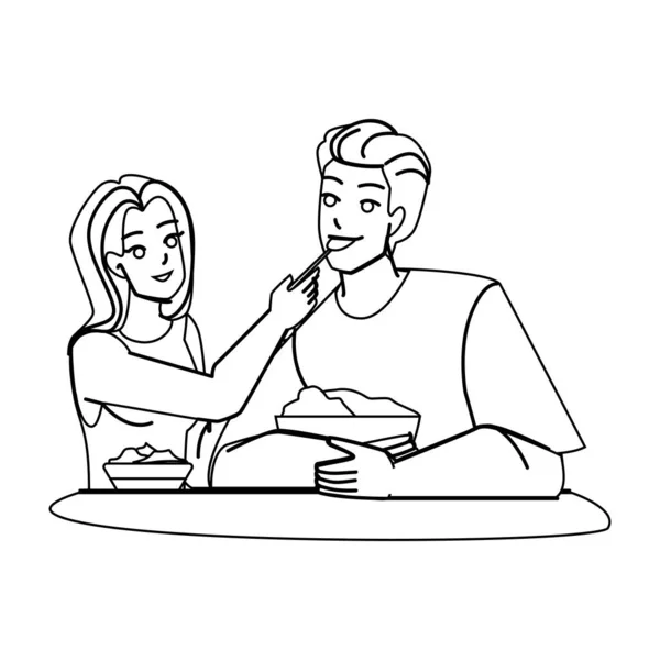 Pareja Comiendo Línea Lápiz Dibujo Vector Comida Hombre Mujer Almuerzo — Vector de stock