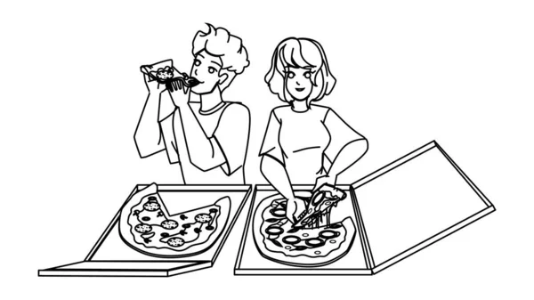 Para Jedząca Pizzę Wektor Rysunku Jedzenie Zabawa Domu Szczęśliwe Jedzenie — Wektor stockowy