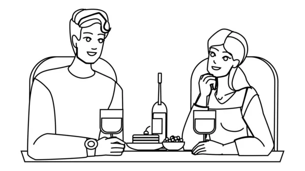 Couple Eating Restaurant Line Pencil Drawing Vector Young People Food — Stock Vector