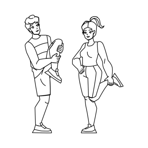 Couple Exercice Crayon Ligne Dessin Vecteur Sport Homme Femme Séance — Image vectorielle