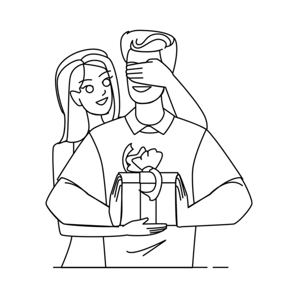 Couple Ligne Cadeau Crayon Dessin Vecteur Femme Présente Jeune Amour — Image vectorielle