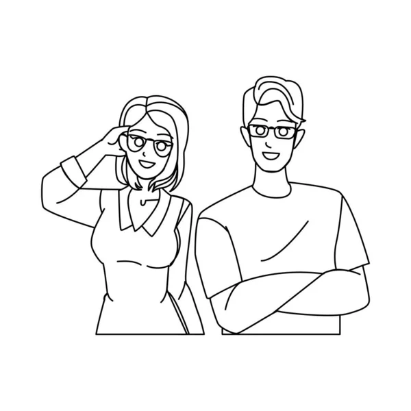 Couple Glasses Line Pencil Drawing Vector Woman Happy Man Young Vector Graphics