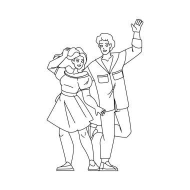 Çift çizgisi kalem çizim vektörü. Mutlu kadın, genç erkek, eğlenceli aşk, dans diskosu, birlikte gece kızı çift parti karakteri. insanlar Çizimi