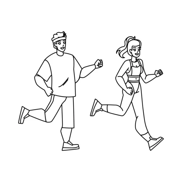 Couple Jogging Ligne Crayon Dessin Vecteur Homme Femme Sport Mode — Image vectorielle