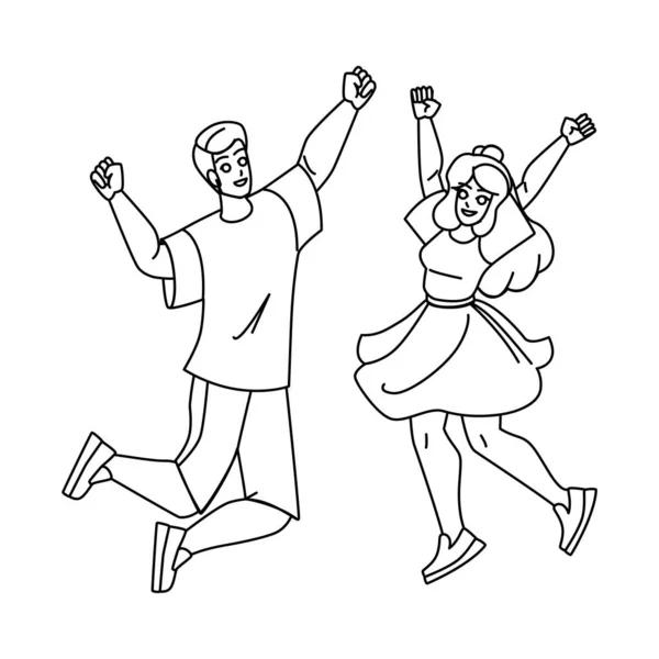 いくつかのジャンプライン鉛筆画ベクトル 幸せな男の女性 一緒に若いジャンプ 楽しい家族 女の子の愛 2つの興奮した友人のカップルの文字ジャンプ 人々のイラスト — ストックベクタ