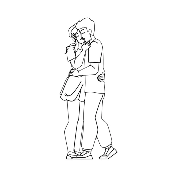 鉛筆画のベクトルにキスして 愛の女性男性若い抱擁の関係ロマンスのカップルのキス文字 人々のイラスト — ストックベクタ