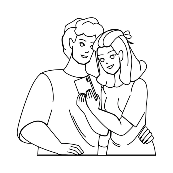 Couple Phone Line Pencil Drawing Vector Happy Man Woman Smartphone Stock Vector