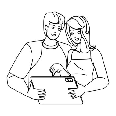 Tablet çizgisi çizim vektörü kullanan çift. ev erkeği kadın, mutlu internet, insan teknolojisi, yaşam tarzı, tablet karakter kullanan dijital çifti sevmek. insanlar Çizimi