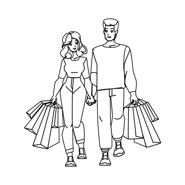 Couple Shopping Line Pencil Drawing Vector Man Woman City Love — Stock Vector