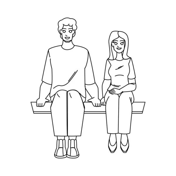 Casal Sentado Linha Lápis Desenho Vetor Mulher Feliz Homem Jovem —  Vetores de Stock