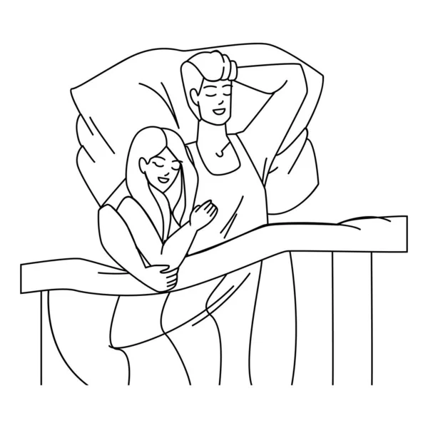 Couple Ligne Sommeil Crayon Dessin Vecteur Lit Homme Femme Heureuse — Image vectorielle