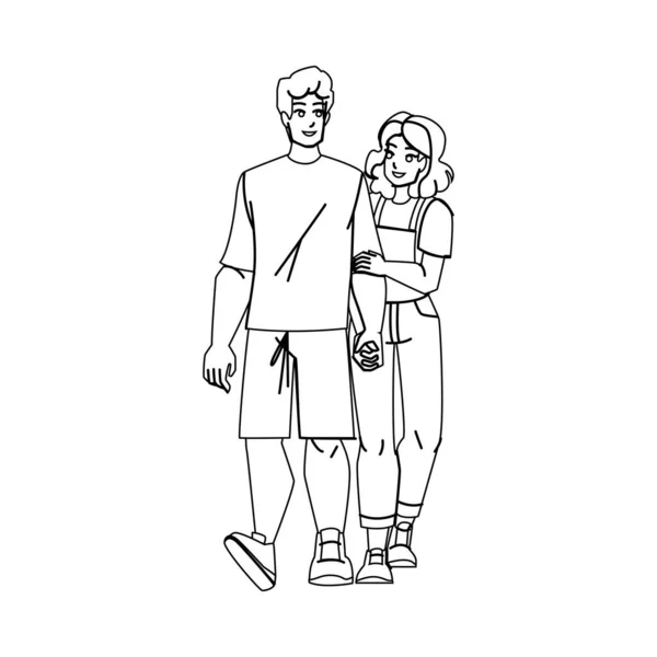Couple Walking Line Pencil Drawing Vector Happy Man Woman Park — Stock Vector