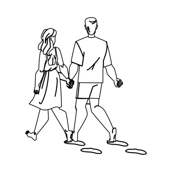 Couple Marche Sur Plage Ligne Crayon Dessin Vecteur Amour Romantique — Image vectorielle