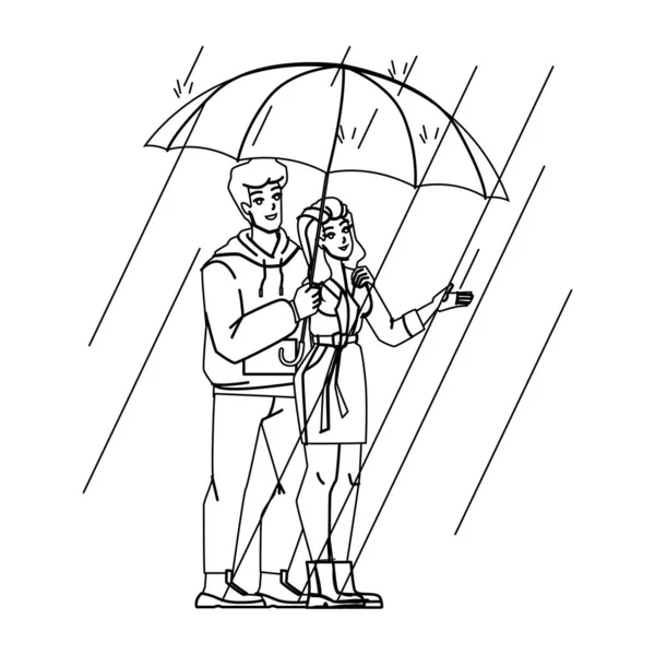 Pár Deštníkovou Čárou Vektorem Kreslení Tužkou Déšť Láska Rande Muž — Stockový vektor