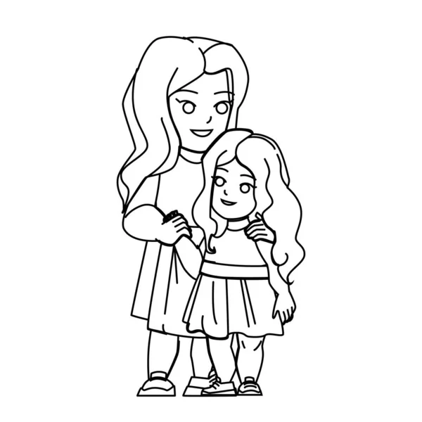 Girl Sister Line Pencil Drawing Vector Happy Young Family Woman Vector Graphics