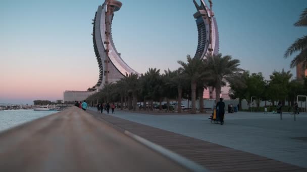 Lusail Corniche Der Stadt Lusail Katar Bei Sonnenuntergang Yachthafen Aufnahme — Stockvideo