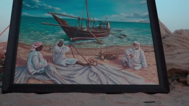 Primer Plano Una Pintura Que Muestra Pescadores Árabes Dhows Playa — Vídeos de Stock