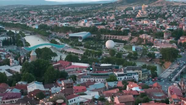 Tbilisi Georgia Sunset Panoramic View Top Fortress Narikala Showing Bridge — Video Stock