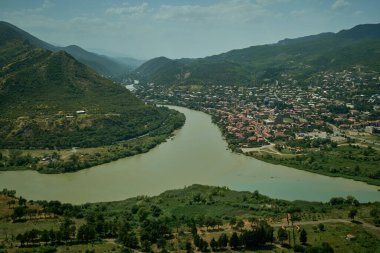 Mtskheta  Georgia , Confluence of the Aragvi and  Kura (Mtkvari) Rivers and the town of Mtskheta from the top of Jvari mount, Daylight view.