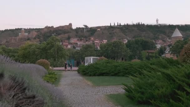 Tiflis Georgia Daki Rike Parkı Gürcistan Heykelinin Teleferiklerin Narikala Kalesinin — Stok video