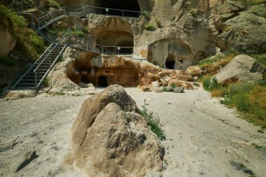 Vardzia cave monastery site in southern Georgia excavated from the slopes of the Erusheti Mountain on the left bank of the Kura River daylight view
