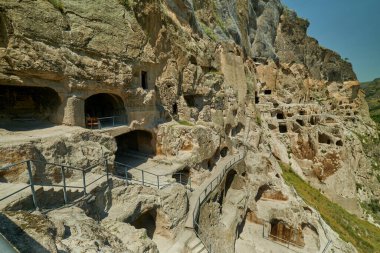 Vardzia cave monastery site in southern Georgia excavated from the slopes of the Erusheti Mountain on the left bank of the Kura River daylight view
