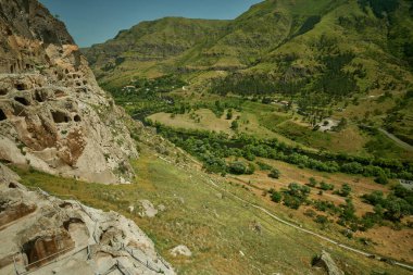 Vardzia cave monastery site in southern Georgia excavated from the slopes of the Erusheti Mountain on the left bank of the Kura River daylight view