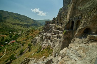 Vardzia cave monastery site in southern Georgia excavated from the slopes of the Erusheti Mountain on the left bank of the Kura River daylight view