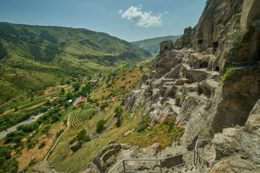 Vardzia cave monastery site in southern Georgia excavated from the slopes of the Erusheti Mountain on the left bank of the Kura River daylight view